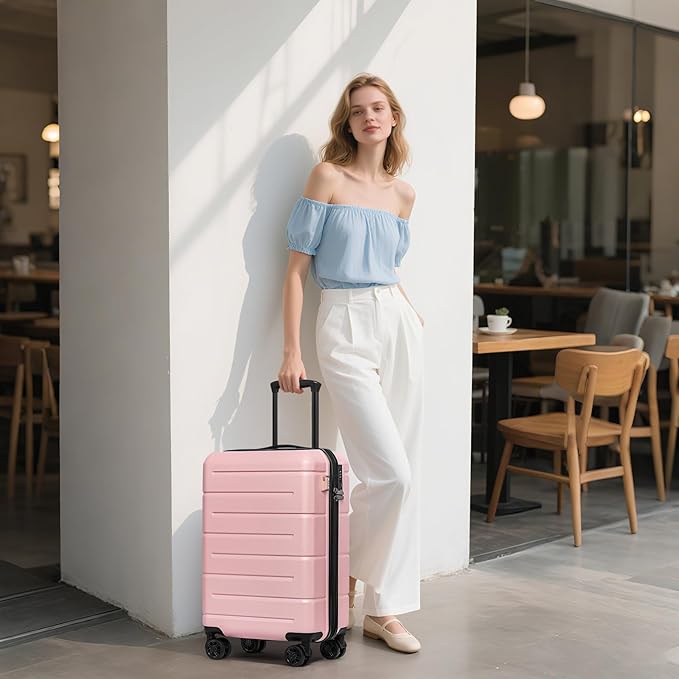 KYME Pink Hardside Carry On Luggage 22x14x9 Airline Approved with TSA Lock Hardshell Carry-On Suitcase with Wheels Travel Rolling 22 inch Luggage with Cup Holder for Women