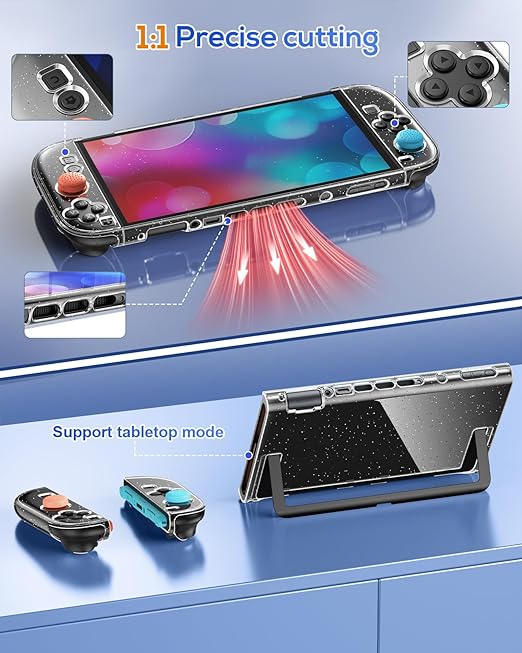 FYOUNG Transparent Glitter Protective Case for Nintendo Switch 2(2025), Slim Hard Shell for Switch 2 Accessories, Scratch&Shock Protection Cover with Screen Protector, 8 Thumb Grip
