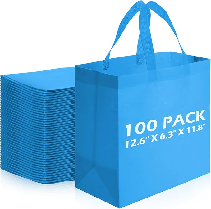 Reginary Reusable Totes Bags - 100 Pcs Non Woven Grocery Handle Bags for Shop Events & Retail Store(Sky Blue)