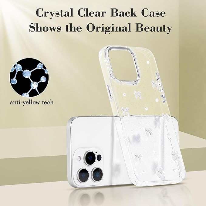EYZUTAK Case for iPhone 16 Pro Max, Bling Glitter 3D Bowknot Phone Case Cute Sparkly Crystal Clear Bow Aesthetic Design Case Slim Soft Durable TPU Transparent Protective Cover for Women Girl-White Bow