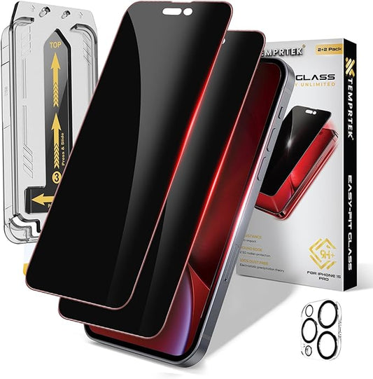 TEMPRTEK+ 2 Pack for iPhone 15 Pro Privacy Screen Protector Privacy 9H Military Grade Scratch Fingerprint Resistance Anti-Glare Shatterproof Tempered Glass Anti-Spy Easy Installation Bubble Free