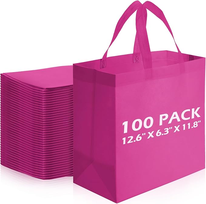 Reginary Reusable Totes Bags - 100 Pcs Non Woven Grocery Handle Bags for Shop Events & Retail Store (Rose Pink)