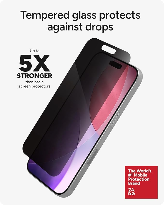 ZAGG Glass Elite Privacy Screen Protector for iPhone 17 Pro - 2-Way Privacy Filter, 5X Stronger, Fingerprint-Resistant, InvisibleShield, Easy Two-Step Installation
