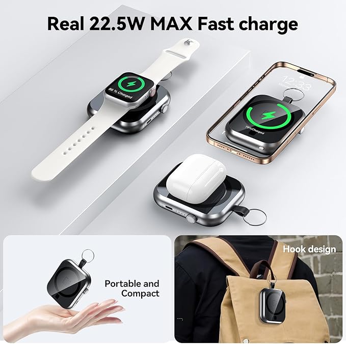Magnetic Power Bank 10000mAh with Detachable Lanyard-3-in-1 Magnetic Wireless Charger,22.5W PD Fast Charging,Compact Portable Battery Pack for iPhone 16/15/14/13/12,Apple Watch & AirPods