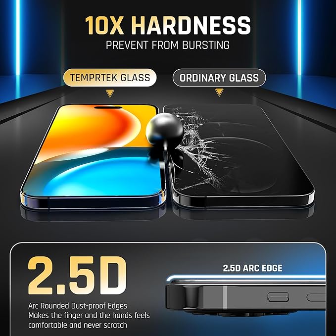 TEMPRTEK+ 2 Pack for iPhone 15 Pro Max Simple Screen Protector Privacy 9H Military Grade Scratch Fingerprint Resistance Anti-Glare Shatterproof Tempered Glass Anti-Spy Easy Installation Bubble Free