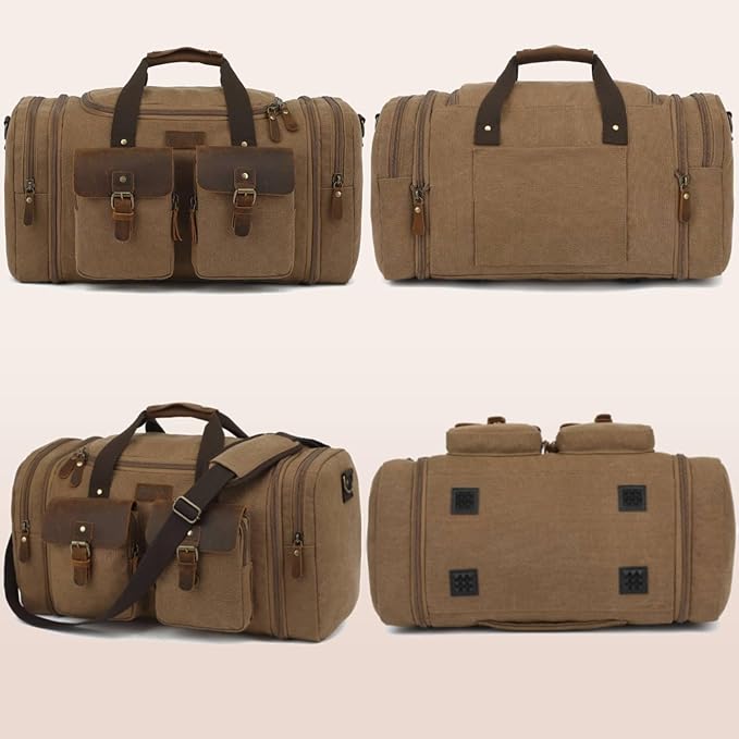 Imyth Retro Crazy Horse Leather Canvas Duffle Bag 60L Expandable Travel Bag for Airplanes (Coffee)