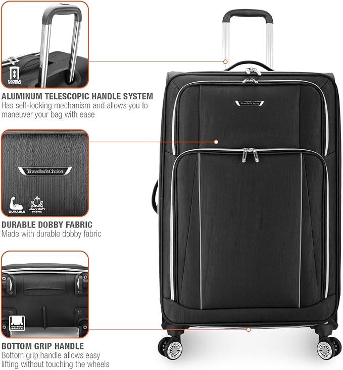 Traveler's Choice Lares Softside Expandable Luggage with Spinner Wheels, Black, 3 Piece Luggage Set
