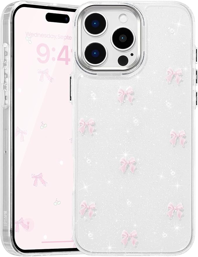 EYZUTAK Case for iPhone 16 Pro, Bling Glitter 3D Bowknot Phone Case Cute Sparkly Crystal Clear Bow Aesthetic Design Case Slim Soft Durable TPU Transparent Protective Cover for Women Girl - Pink Bow