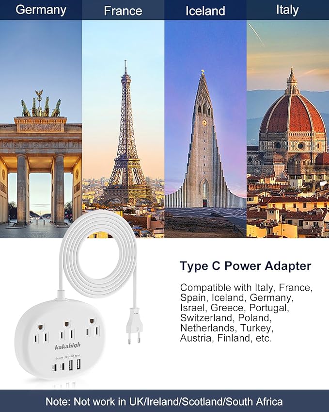 European Travel Plug Adapter with USB C, Multi Country Outlet Adapter with 3 AC Outlets and 4 USB Ports, Type C Plug Adapter for US to Most of Europe Iceland Spain Italy France Germany etc