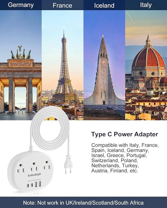 European Travel Plug Adapter with USB C, Multi Country Outlet Adapter with 3 AC Outlets and 4 USB Ports, Type C Plug Adapter for US to Most of Europe Iceland Spain Italy France Germany etc
