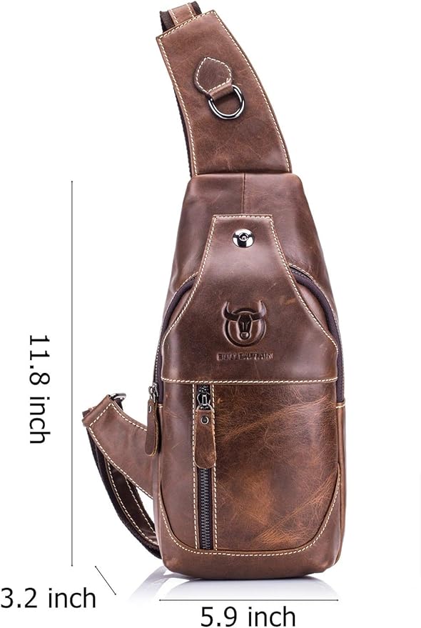 BULLCAPTAIN Genuine Leather Men Bags Shoulder Sling Crossbody Bag Casual Mens Chest Bag Travel Hiking Backpack(Brown)