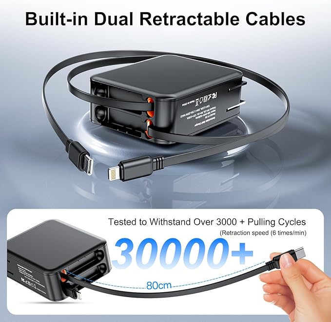 3 in 1 Retractable Wall Charge with Dual Cables, 35W USB C Charger Block with Foldable Plug, 62W Power Adapter Fast Charging for iPhone 16/15/14/13/12/11 Series, Pad, LG, Samsung and More