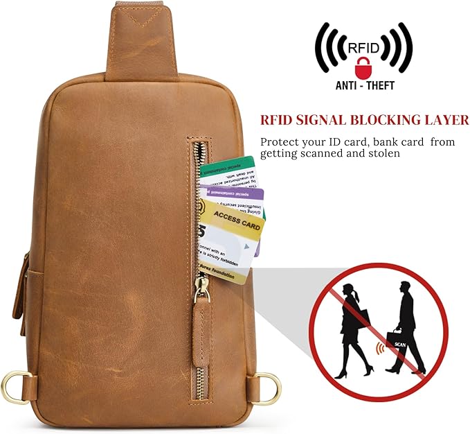 S-ZONE Sling Bag for Men Women RFID Blocking Top Grain Leather Crossbody Shoulder Bag Chest Hiking Daypack Travel