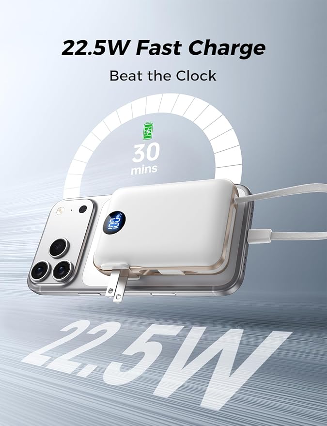 Portable Charger with Built in Cables & Wall Plug,10000mAh Power Bank, 4 Outputs,22.5W USB C Fast Charging,Slim Travel Essential Battery Pack with LED Display for iPhone 17/16/15/14 Series, Samsung