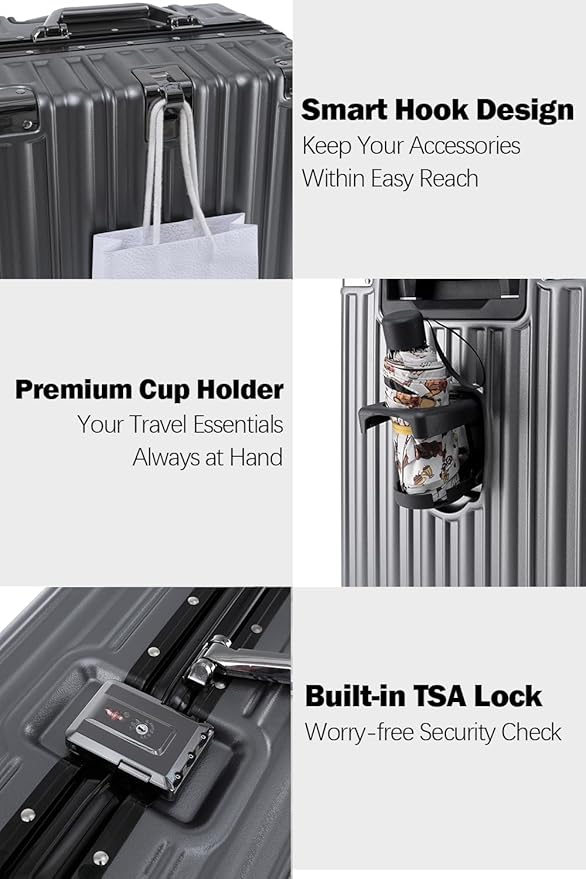 HotWay 24 Inch Aluminum Frame Luggage with Spinner Wheels, PC Hard Shell Suitcase with Cup Holder, Zipperless Luggage for Business Travel, Gray