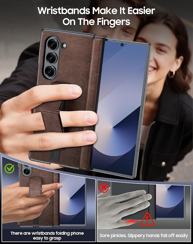 for Samsung Galaxy Z Fold 6 Case with Hand Strap & Kickstand & Hinge Protection, Ultra Slim Skin Feel Pattern Printing Full Body Shockproof Phone Case for Z Fold 6, No Screen Protector (Vintage Brown)