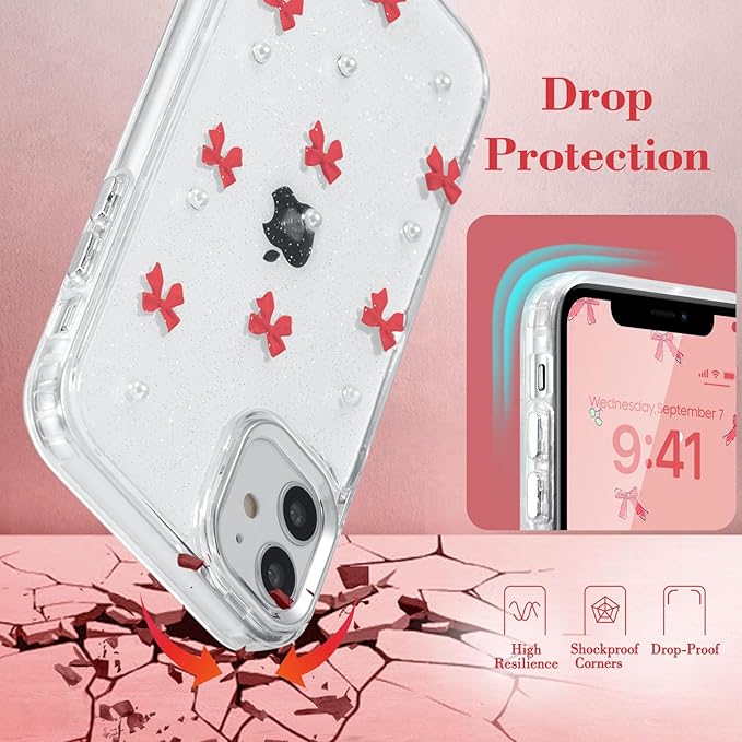 EYZUTAK Case for iPhone 11, Bling Glitter 3D Bowknot Phone Case Cute Sparkly Crystal Clear Bow Aesthetic Design Case Slim Soft Durable TPU Transparent Protective Cover for Women Girl - Red Bow