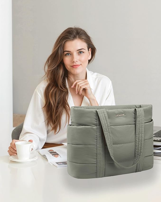 LOVEVOOK Tote Bag for Women, Large Puffer Work Tote Laptop Bag, Lightweight Travel Tote Bag with Zipper Gifts for Women