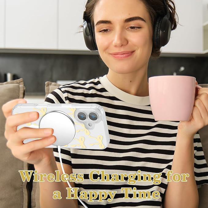 UEEBAI Magnetic for iPhone 16 Plus Case, Bow Case Compatible with MagSafe, Wireless Slim Clear Ribbon Aesthetic Phone Cover Anti-Yellowing Shockproof Protective Cover for Women Girl - Yellow