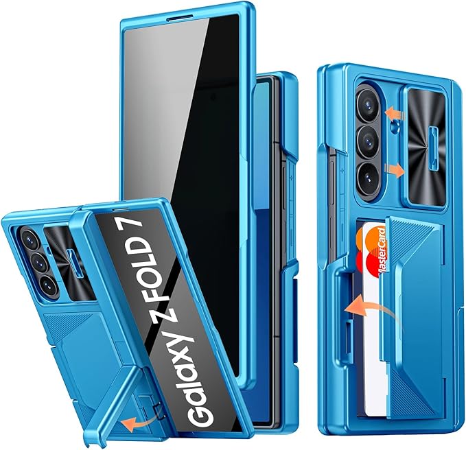 for Samsung Galaxy Z Fold 7 Case with Card Holder RFID Blocking & Privacy Screen Protector & Slide Lens Cover & Hinge Protection & Kickstand, Shockproof Wallet Case for Z Fold 7 (Lake Blue)