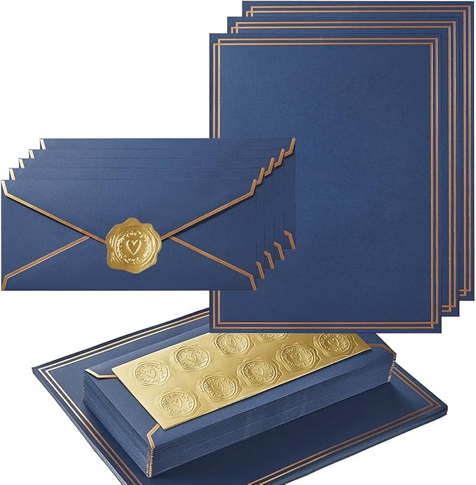 50 Pack Stationery Set with Gold Border, #10 Business Envelopes and 8.5x11 Paper Sheets and Stickers for Writing Letters (Navy Blue, 8.5x11 Inches)
