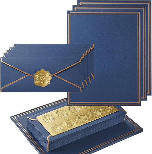 50 Pack Stationery Set with Gold Border, #10 Business Envelopes and 8.5x11 Paper Sheets and Stickers for Writing Letters (Navy Blue, 8.5x11 Inches)