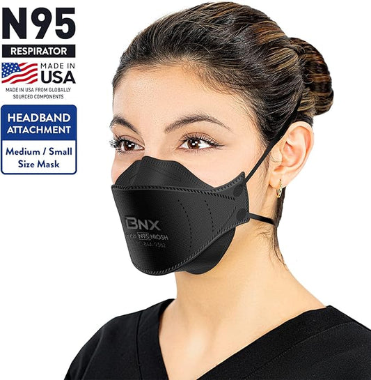 BNX N95 Mask NIOSH Certified MADE IN USA Face Mask, Tri-Fold Cup/Fish Style, 10,20,50-Pack - Black, White (Model F95B,F95W)