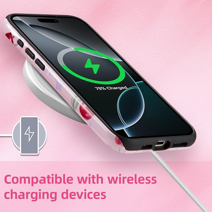 QLTYPRI Case for iPhone 16 Pro, Aesthetic Cute Pink Cherry Bow Phone Case for Girls Women, Protective Hybrid 2-Layer Hard Shell Silicone Cover Durable Shockproof Phone Cover - Pink