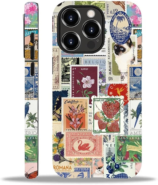 Case for iPhone 12 Pro Max,Vintage Stamp Collage for Woman Men Full Body Protective Cover Shockproof 2 in 1 Silicone + Hard PC Case for iPhone 12 Pro Max