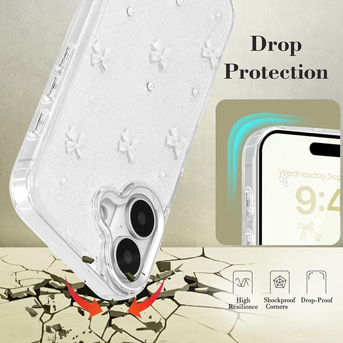 EYZUTAK Case for iPhone 16, Bling Glitter 3D Bowknot Phone Case Cute Sparkly Crystal Clear Bow Aesthetic Design Case Slim Soft Durable TPU Transparent Protective Cover for Women Girl - White Bow