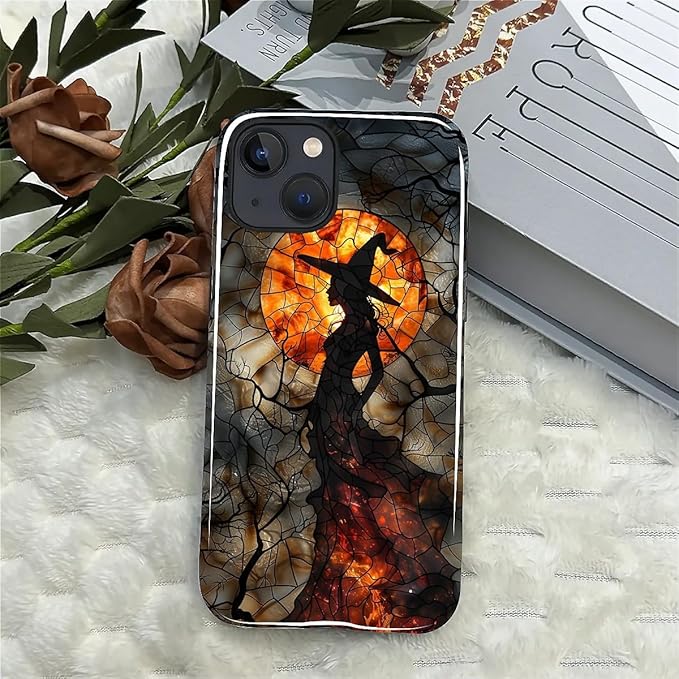 Case for iPhone 15 Case,Halloween Witch Moon Stained Glass Design - Hybrid Dual Protection Silicone + Hard PC Shockproof Full Body Cover Slim Anti-Scratch Protective Case for Men Women