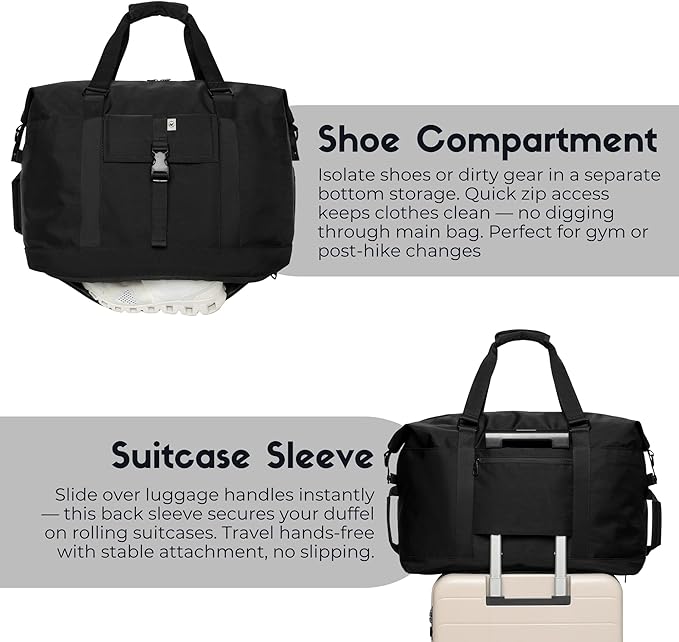 SUNNY BIRD Duffel with Utility Pouch, 40L Weekender Overnight Bag with Shoe Compartment for Travel and Sports (Black)