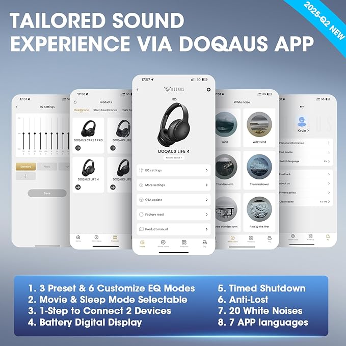 DOQAUS Over Ear Bluetooth Headphones Wireless, 90H Playtime, BT 5.4, 9 EQ Modes, HiFi Deep Bass, Movie & Sleep Mode, White Noises w/App Control, Memory Foam Cups for Travel, Gym, Workout, PC, Phone