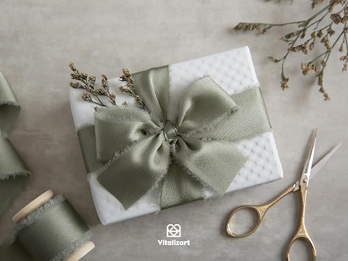 Vitalizart Dusty Sage Green Silk Satin Ribbon 1 Inch x 15 Yard Handmade Frayed Chiffon Ribbon with Wooden Spool for Gift Wrapping, Wedding, Bridal, Flower Bouquets, Home Decor