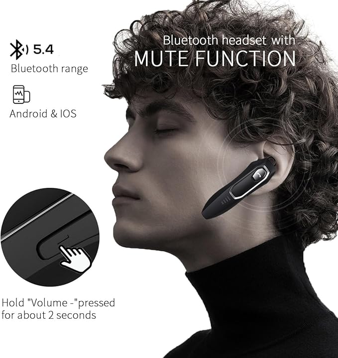 Bluetooth Headset V5.4, Bluetooth Earpiece with Micros, Noise Cancelling Hands Free Headset Earpiece for Cell Phone with 36H Talking Time/Mute Function, Single Ear Wireless Headphone for Truck Driver