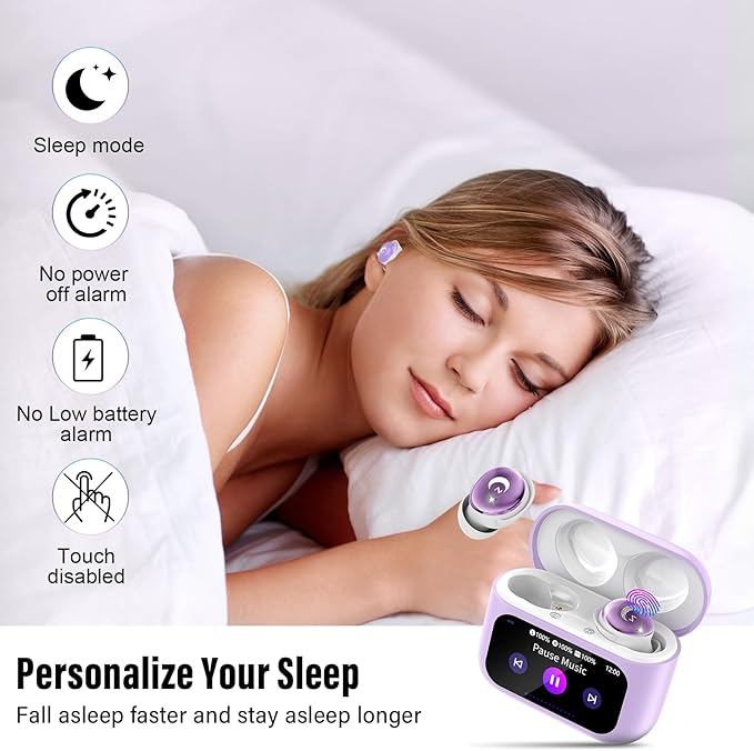 Sleep Earbuds Bluetooth 5.4 in Ear Smart Touch Screen Ear Buds, 48H Playtime Mini Sleep Headphones Small Design for Side Sleepers, Crystal-Clear Calls, 5 EQ Modes, IPX7 Waterproof Earphone Purple
