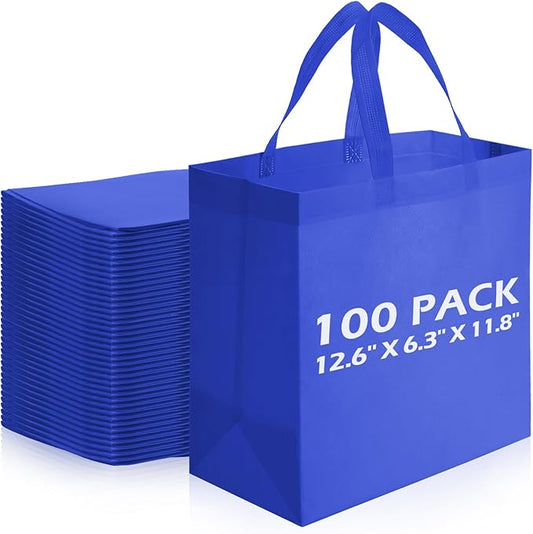 Reginary Reusable Totes Bags - 100 Pcs Non Woven Grocery Handle Bags for Shop Events & Retail Store(Blue)
