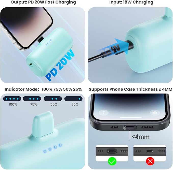 [2-Pack] Mini Portable Charger for iPhone,5200mAh Ultra Compact PD Fast Charging Power Bank,Plug-in Battery Pack Travel Cordless Phone Charger,Compatible with iPhone 14/14Pro/13/12/11/X/8(Pink+Green)