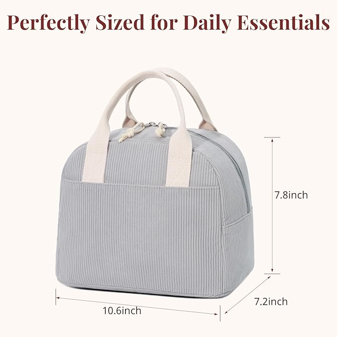 Insulated Lunch Bag for Women Men, Stylish Corduroy Tote Bag with Aluminum Lining, Large Capacity Reusable Cooler for Work, Travel, or Beach, Cloud Gray Lunch Box