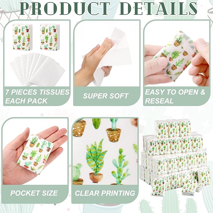 100 Pack Facial Tissue Mini Paper Pocket Tissues Small Size Travel Tissue Packs for Wedding Party Favors Graduation Celebration, 3 Ply, 2.8 x 2.2 In(Cactus)