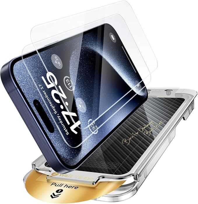 UNBREAKcable Screen Protector for iPhone 15 Pro, Pull-To-Protect Easy Installation, Auto Dust-Elimination, 9H+ Military-Grade Tempered Glass, Bubble-Free, Case Friendly, HD Clear, 6.1 Inch, 2 Pack