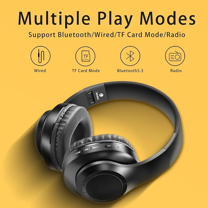 JUNAN Bluetooth Headphones Over-Ear,Foldable,Wireless and Wired Headset,Deep Bass,HiFi Stereo Audio,Low Latency Headphone,Built-in Microphone,SD/TF,FM Radio for Cellphone,PC,TV,etc.