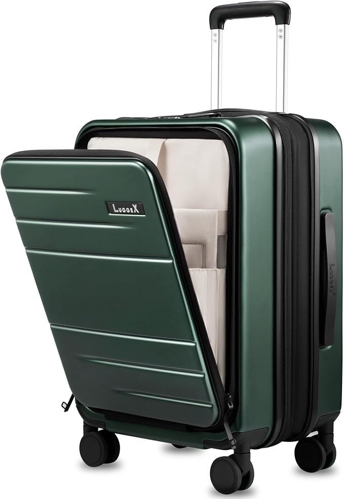 LUGGEX Carry On Luggage 22x14x9 Airline Approved, Expandable Polycarbonate Suitcase with Front Pocket (Green, 20 Inch, 38L)