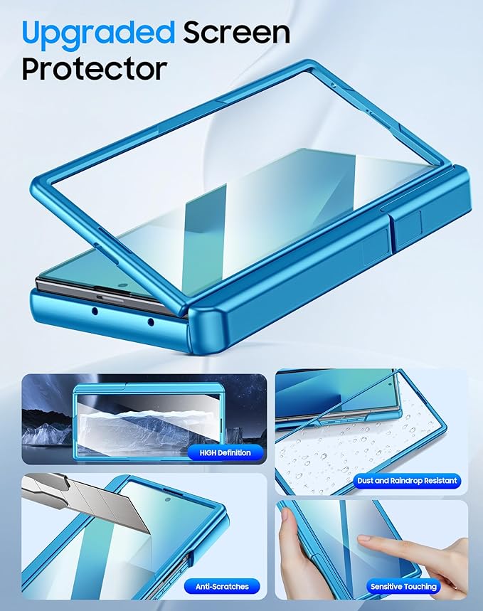 for Samsung Galaxy Z Fold 7 Case with Card Holder RFID Blocking, Built in Slide Lens Cover & Hinge Protection & Kickstand & Screen Protector, Shockproof Wallet Case for Z Fold 7 (Lake Blue)