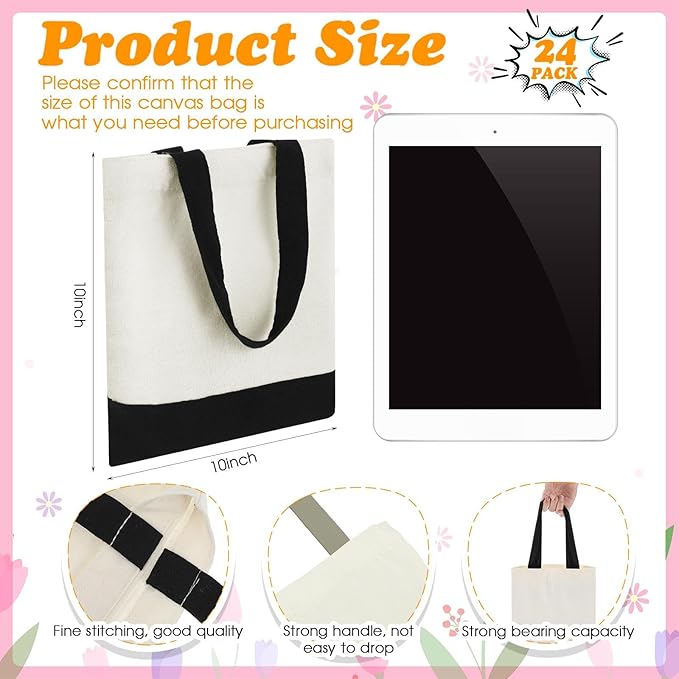 Amylove 24 Pcs Mini Tote Bag Sublimation Blank Canvas Tote Bags Reusable Grocery Luggage DIY Sack Goody for Party Even (10 x 10 Inch,White Black)