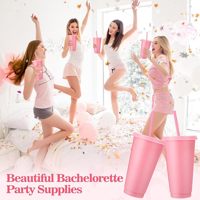 Honeydak 60 Pack Tumbler with Straw and Lid Bulk Glitter Plastic Cups Water Bottle Iced Coffee Travel Mug Reusable Party Favor Cups for Birthdays travel 24-27 oz (Light Pink)