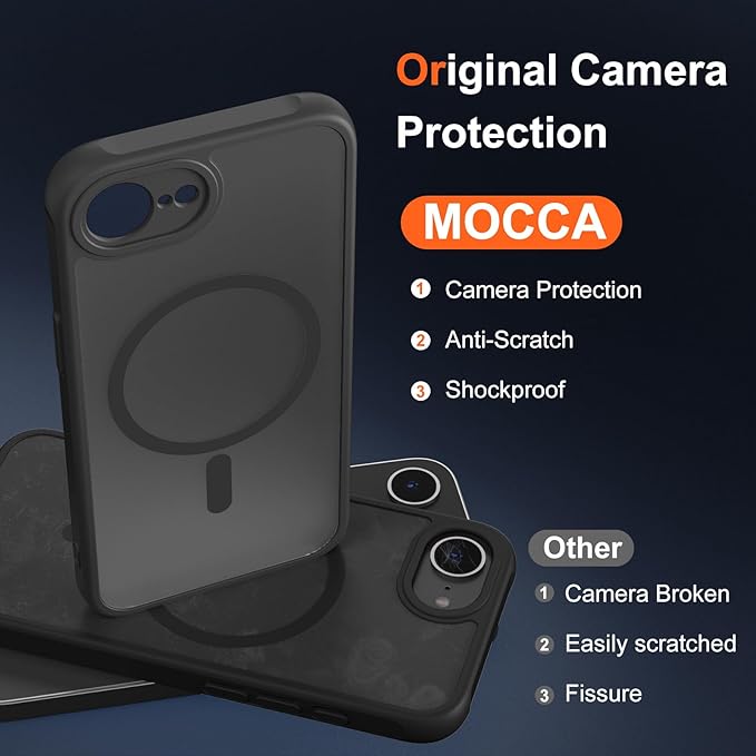 MOCCA Strong Magnetic for iPhone 16e Case [Compatible with Magsafe] [Full Camera Protection] Slim Translucent Matte Shockproof Cover for iPhone 16e Phone Case 6.1'',Black