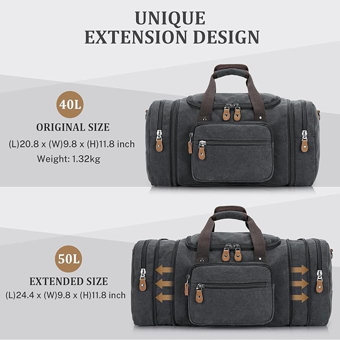 Gonex Canvas Duffle Bag for Travel 50L Expandable Duffel Weekend Overnight Bag men (Dark Gray)