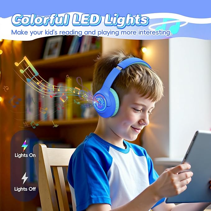 Kids Bluetooth Headphones, 85H Playtime Wireless Headphones for Kids, Colorful LED Lights, 85/94dB Safe Volume Limit, Bluetooth 5.4 Built-in Mic Toddler Headset for Tablet/Airplane/Travel (Blue)
