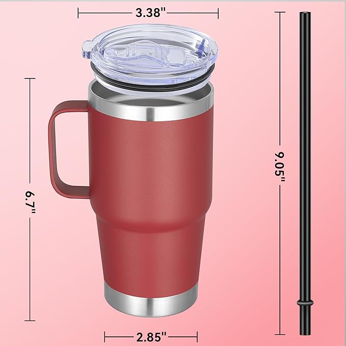 20 oz Stainless Steel Tumbler with Handle Bulk Metal Insulated Tumblers Travel Coffee Mug with Handle Double Wall Tumbler Cup with Lid and Straw, Wine Red 12 Pack
